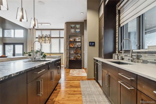 Interior, Kitchen, Pendant Lights, Recessed Lighting, Stainless Steel Appliances, Wood Texture Flooring