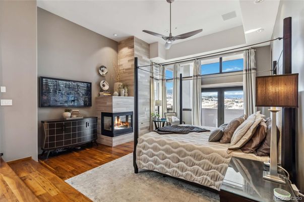 Bedroom, Fireplace, Interior, Recessed Lighting, Wood Texture Flooring