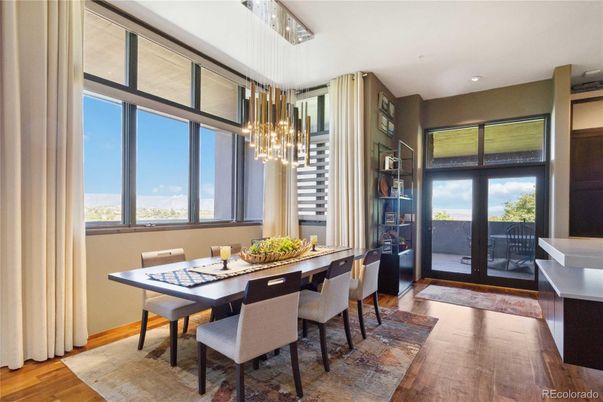 Dining room, Interior, Pendant Lights, Recessed Lighting, Wood Texture Flooring