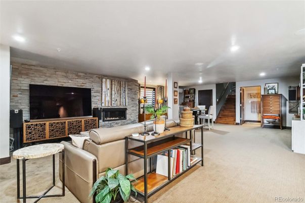 Fireplace, Interior, Living room, Recessed Lighting, Stone Walls