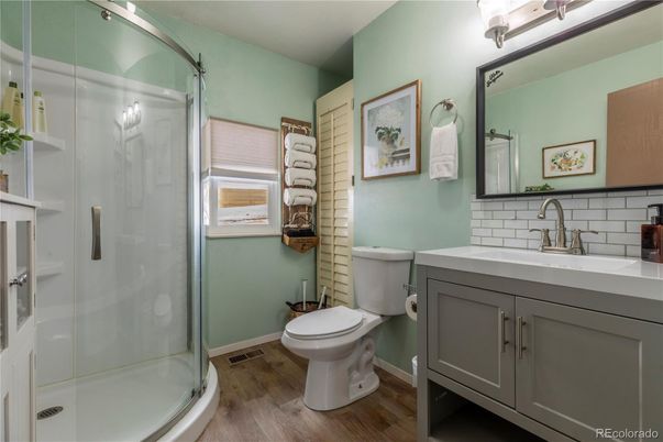 Bathroom, Glass Shower, Interior, Wood Texture Flooring