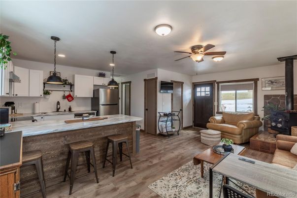 Interior, Kitchen, Living room, Pendant Lights, Recessed Lighting, Stainless Steel Appliances, Wood Texture Flooring