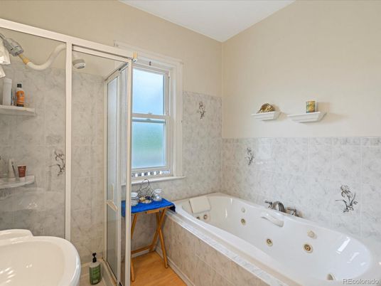 Bathroom, Glass Shower, Interior, Marble Walls, Wood Texture Flooring