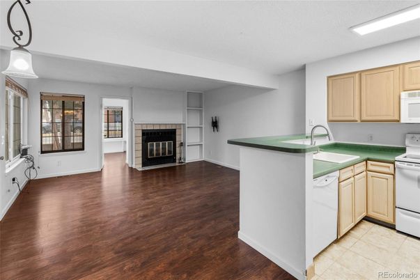 Fireplace, Interior, Kitchen, Pendant Lights, Wood Texture Flooring