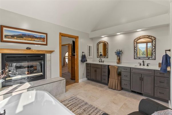 Bathroom, Dual Sink Vanities, Fireplace, Interior, Recessed Lighting