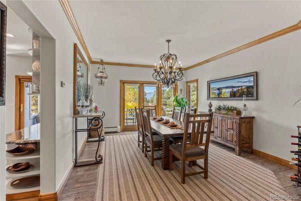Chandelier, Dining room, Interior, Wood Texture Flooring