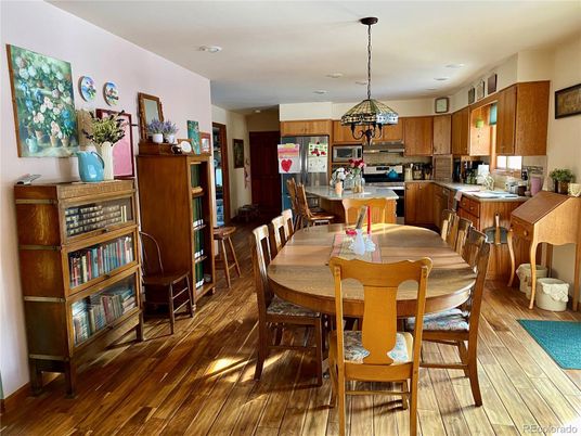 Dining room, Interior, Kitchen, Pendant Lights, Recessed Lighting, Wood Texture Flooring