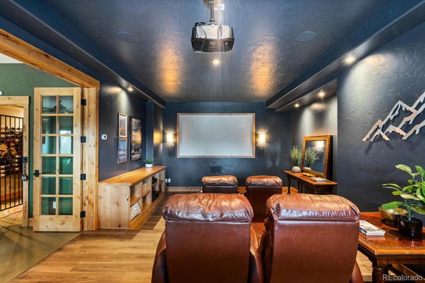 Home Theatre Room, Interior, Projection Screen, Recessed Lighting, Theatre Room, Wood Texture Flooring