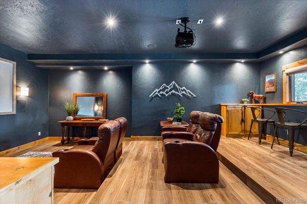 Home Theatre Room, Interior, Projection Screen, Recessed Lighting, Theatre Room, Wood Texture Flooring