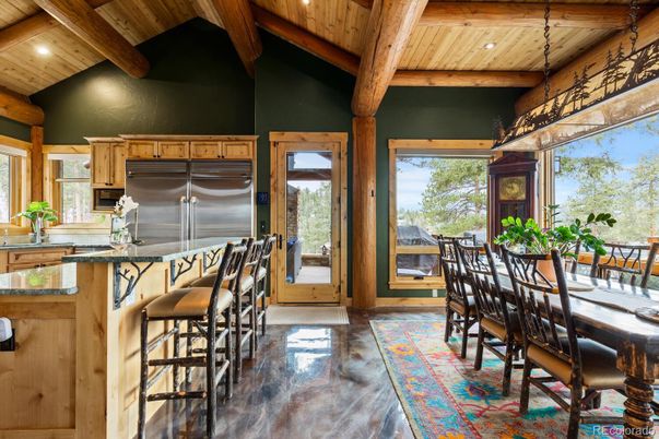 Dining room, Interior, Kitchen, Recessed Lighting, Stainless Steel Appliances, Wooden Beams, Wooden Ceilings, Wood Texture Flooring