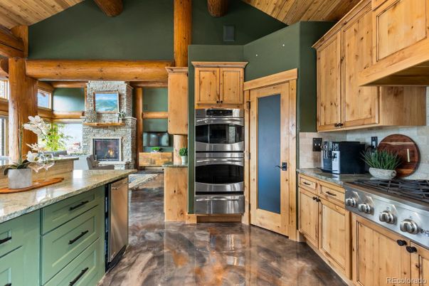 Fireplace, Interior, Kitchen, Stainless Steel Appliances, Stone Walls, Wooden Beams, Wooden Ceilings