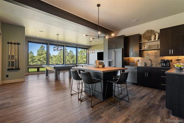 Billiard Table, Game Room, Interior, Kitchen, Pendant Lights, Recessed Lighting, Wood Texture Flooring