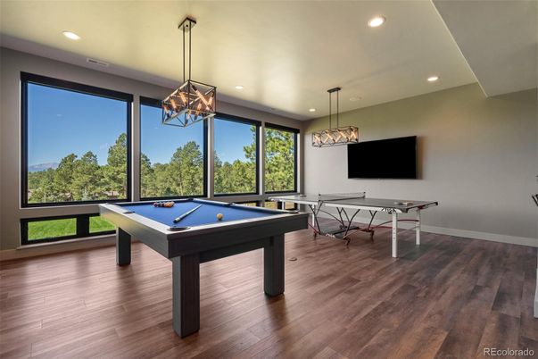 Billiard Table, Game Room, Interior, Pendant Lights, Recessed Lighting, Wood Texture Flooring