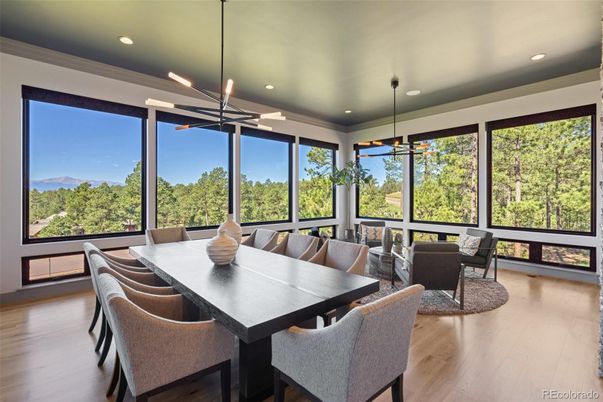 Dining room, Interior, Pendant Lights, Recessed Lighting, Wood Texture Flooring