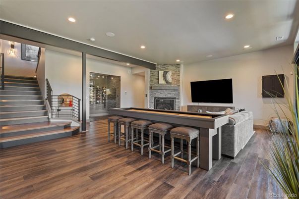 Fireplace, Interior, Recessed Lighting, Wood Texture Flooring
