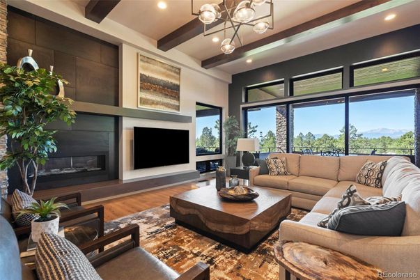 Fireplace, Interior, Living room, Pendant Lights, Recessed Lighting, Wooden Beams, Wood Texture Flooring