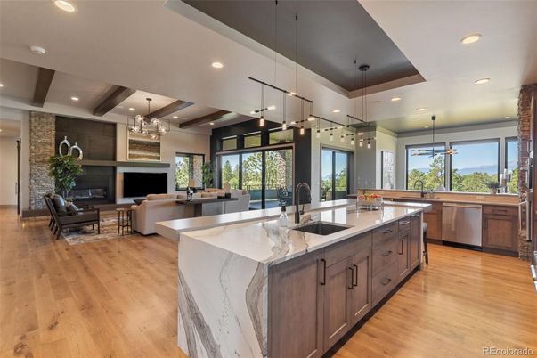 Fireplace, Interior, Kitchen, Living room, Pendant Lights, Recessed Lighting, Stainless Steel Appliances, Stone Walls, Wood Texture Flooring