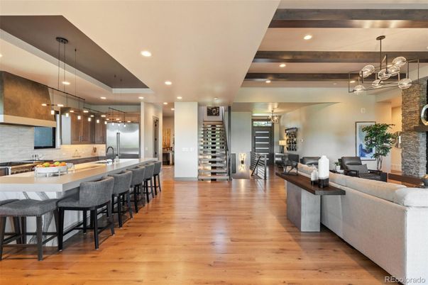 Interior, Kitchen, Living room, Pendant Lights, Recessed Lighting, Stainless Steel Appliances, Wooden Beams, Wood Texture Flooring
