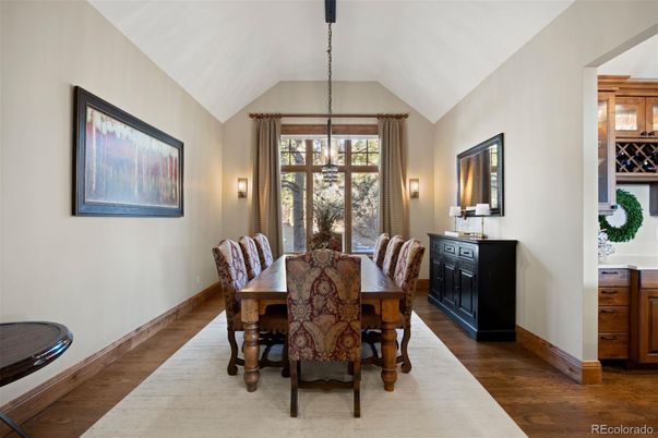 Dining room, Interior, Pendant Lights, Wood Texture Flooring