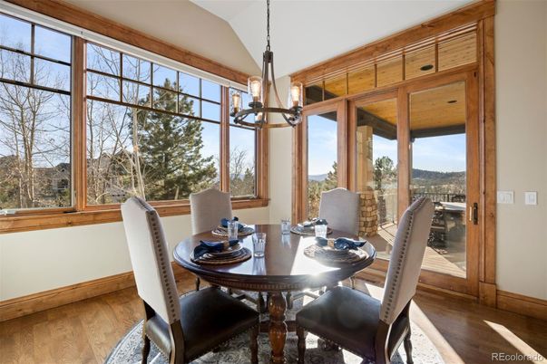 Dining room, Interior, Pendant Lights, Wood Texture Flooring