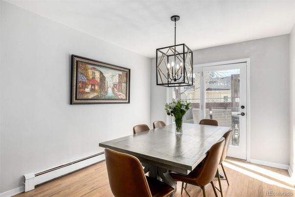Dining room, Interior, Pendant Lights, Wood Texture Flooring