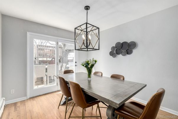 Dining room, Interior, Pendant Lights, Wood Texture Flooring
