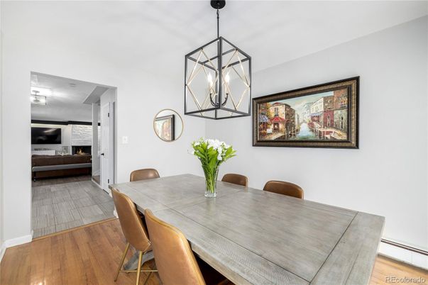 Dining room, Interior, Pendant Lights, Wood Texture Flooring