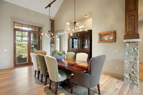 Dining room, Interior, Pendant Lights, Recessed Lighting, Wood Texture Flooring