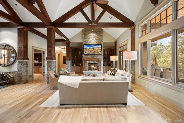 Fireplace, Interior, Living room, Stone Walls, Wooden Beams, Wood Texture Flooring