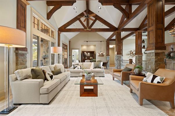 Dining room, Fireplace, Interior, Living room, Pendant Lights, Recessed Lighting, Stone Walls, Wooden Beams, Wood Texture Flooring