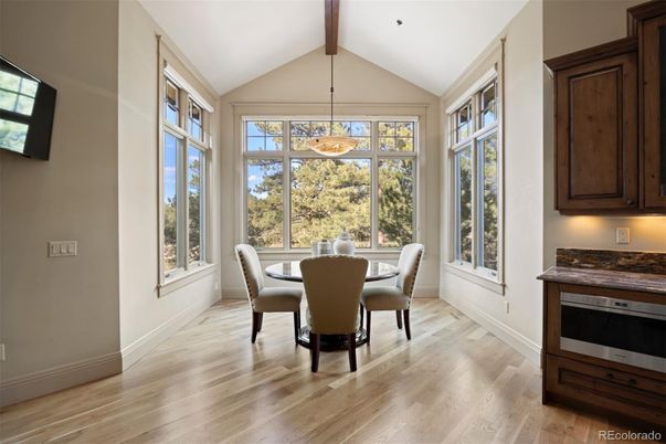 Dining room, Interior, Pendant Lights, Wooden Beams, Wood Texture Flooring