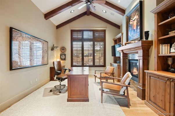 Fireplace, Home Office, Interior, Recessed Lighting, Wooden Beams, Wood Texture Flooring