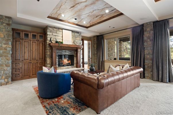 Fireplace, Interior, Living room, Recessed Lighting, Stone Walls