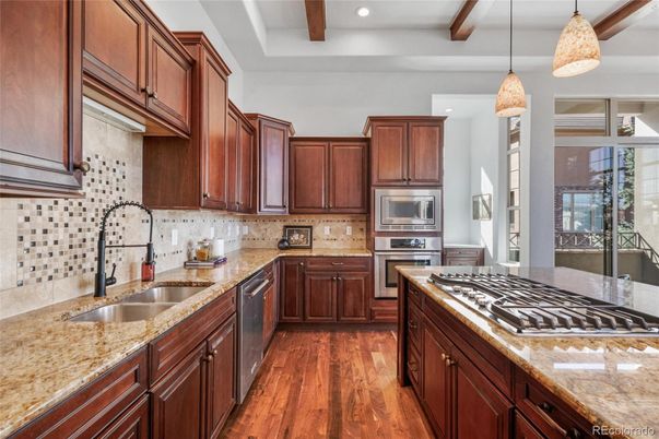 Interior, Kitchen, Pendant Lights, Recessed Lighting, Stainless Steel Appliances, Wooden Beams, Wood Texture Flooring