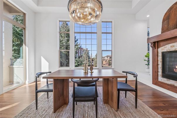 Chandelier, Dining room, Fireplace, Interior, Recessed Lighting, Wood Texture Flooring