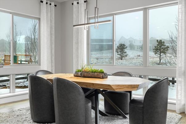 Dining room, Interior, Pendant Lights, Wood Texture Flooring