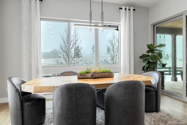 Dining room, Interior, Pendant Lights, Wood Texture Flooring
