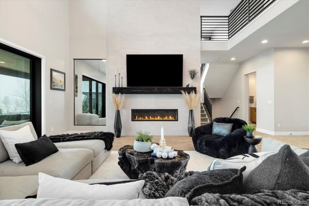 Fireplace, Interior, Living room, Recessed Lighting, Wood Texture Flooring