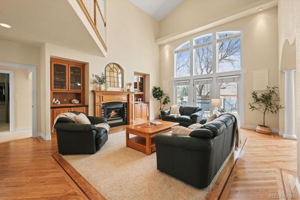Fireplace, Interior, Living room, Recessed Lighting, Wood Texture Flooring
