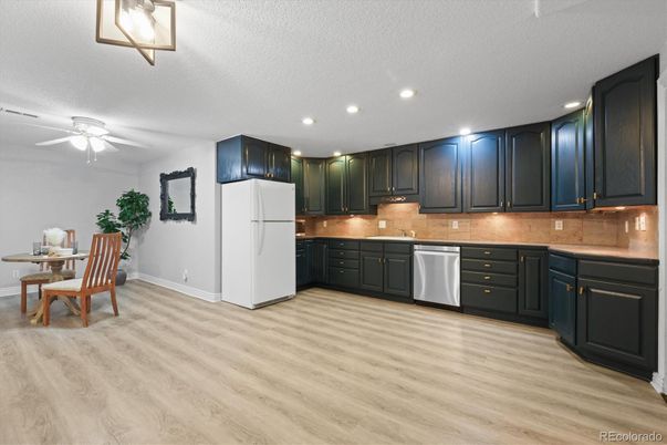 Dining room, Interior, Kitchen, Recessed Lighting, Wood Texture Flooring