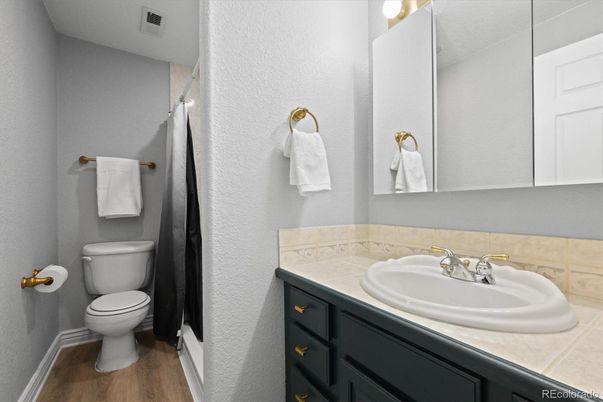 Bathroom, Interior, Tile Countertops, Wood Texture Flooring