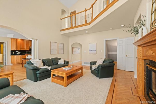 Fireplace, Interior, Kitchen, Living room, Recessed Lighting, Wood Texture Flooring