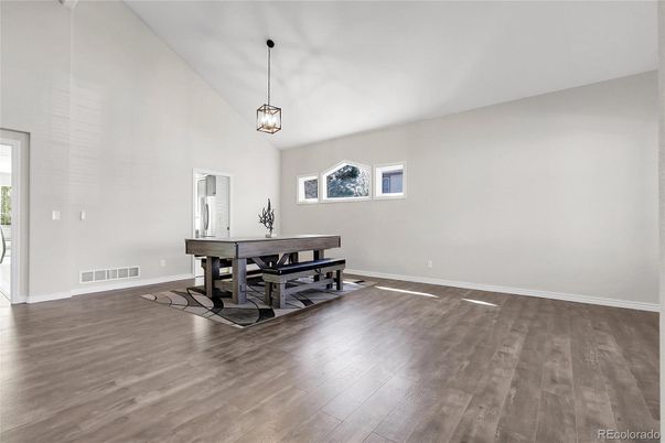 Dining room, Game Room, Interior, Pendant Lights, Wood Texture Flooring