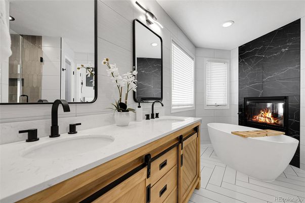 Bathroom, Dual Sink Vanities, Fireplace, Free Standing Baths, Interior, Marble, Marble Walls, Recessed Lighting