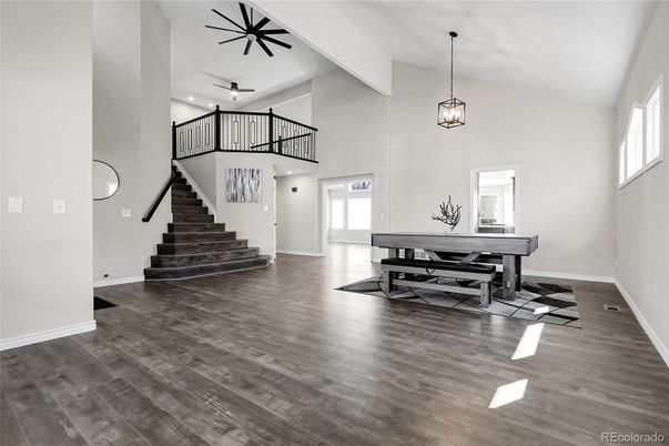 Game Room, Interior, Pendant Lights, Piano, Wood Texture Flooring
