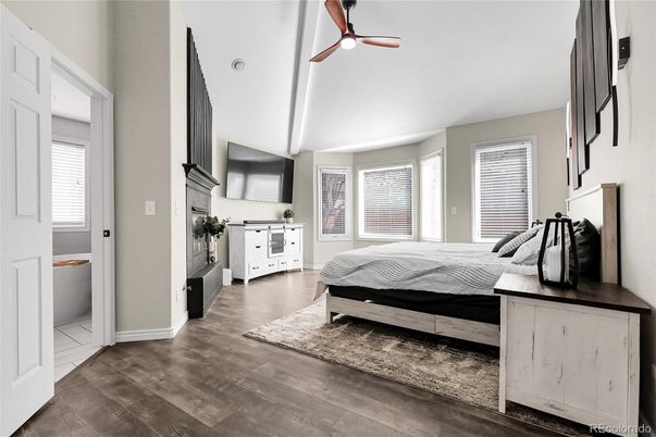 Bedroom, Fireplace, Interior, Wood Texture Flooring