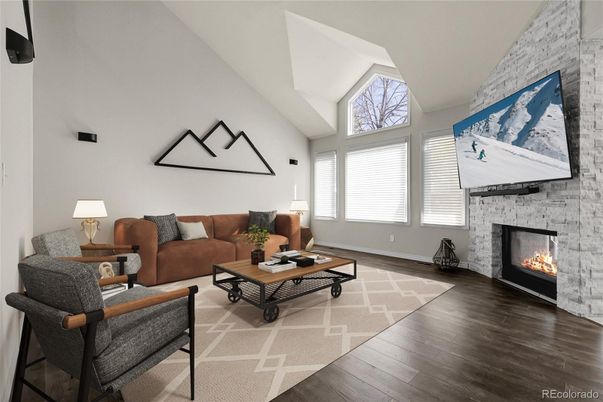 Fireplace, Interior, Living room, Stone Walls, Wood Texture Flooring