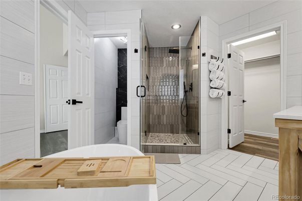 Bathroom, Glass Shower, Interior, Recessed Lighting, Wood Texture Flooring