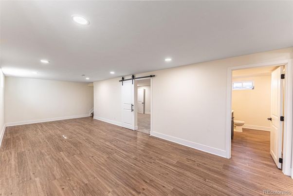 Bathroom, Empty room, Interior, Recessed Lighting, Wood Texture Flooring