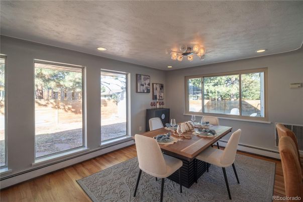 Dining room, Interior, Recessed Lighting, Wood Texture Flooring